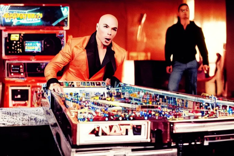Image similar to pitbull playing a pitbull themed pinball machine in 1 9 8 5, y 2 k cybercore, industrial low - light photography, still from a kiyoshi kurosawa movie