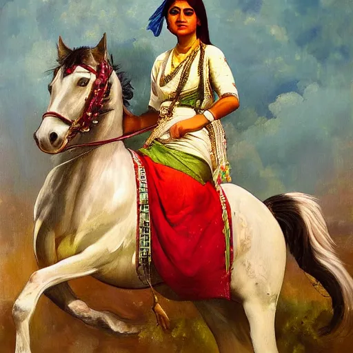 Image similar to a painting of a!! kurdish!! woman riding a beautiful white horse, an oil on canvas painting by raja ravi varma, award winning art, featured on deviantart, qajar art, detailed painting, oil on canvas, acrylic art, extremely detailed, incredibly intricate, elegant