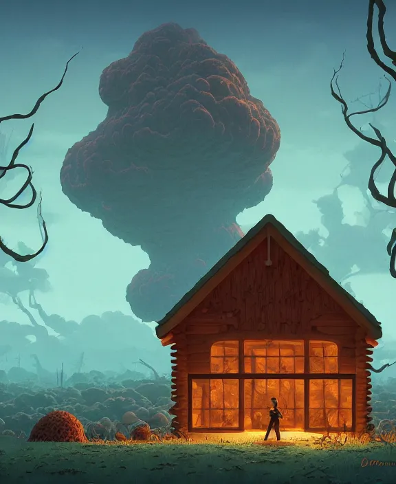 Prompt: simplicity, an elegant cabin made out of exotic fungus, overgrown with creepy blobs, organic, partly cloudy, hellscape, hell, fire, brimstone, lava, by dan mumford, yusuke murata, makoto shinkai, ross tran, cinematic, unreal engine, cel shaded, featured on artstation, pixiv