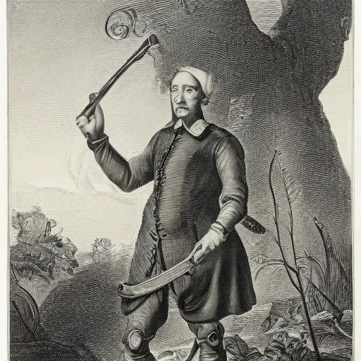 Image similar to A colonial soldier with the head of an octopus, standing in the middle of the jungle, engraving, ink, black and white, 17th century