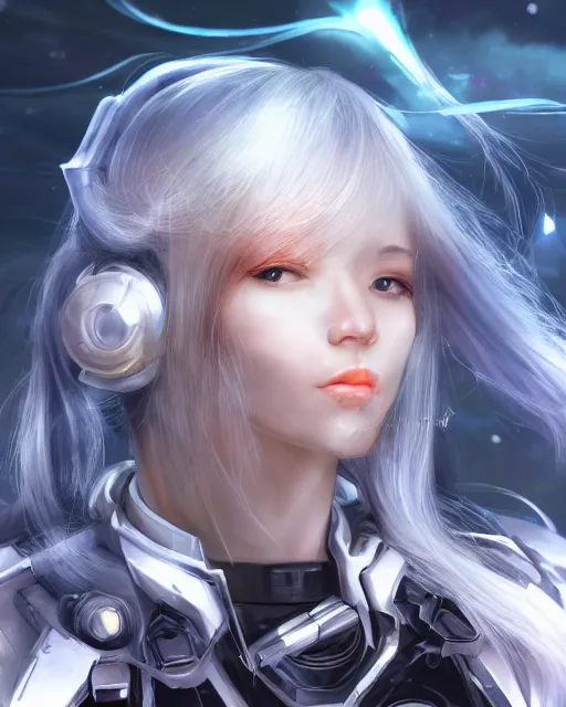 Image similar to detailed portrait of perfect android girl, warframe armor, beautiful face, scifi, futuristic, space station, laboratory, song hye - kyo, dreamy, long white hair, blue cyborg eyes, cinematic lighting, innocent, highly detailed, sharp focus, smooth, artstation, intricate, award winning, pure aura, divine, by akihiko yoshida