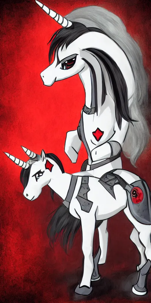 Image similar to Fallout Equestria Project Horizons | Blackjack Character Fanart | White MLP Unicorn Mare with red and black shaggy hair, and bright, robotic eyes. | Cutie Mark is: Ace and Queen of Spades | Trending on ArtStation, Digital Art, MLP Fanart, Fallout Fanart | Blackjack sitting and looking depressed at the viewer | Hyperrealistic CGI Photorealism