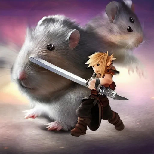 Image similar to “A flawless, fantasy photograph of a small hamster carrying an oversized, Buster Sword from Final Fantasy 7, Ultra HD, 8k resolution, High Quality”