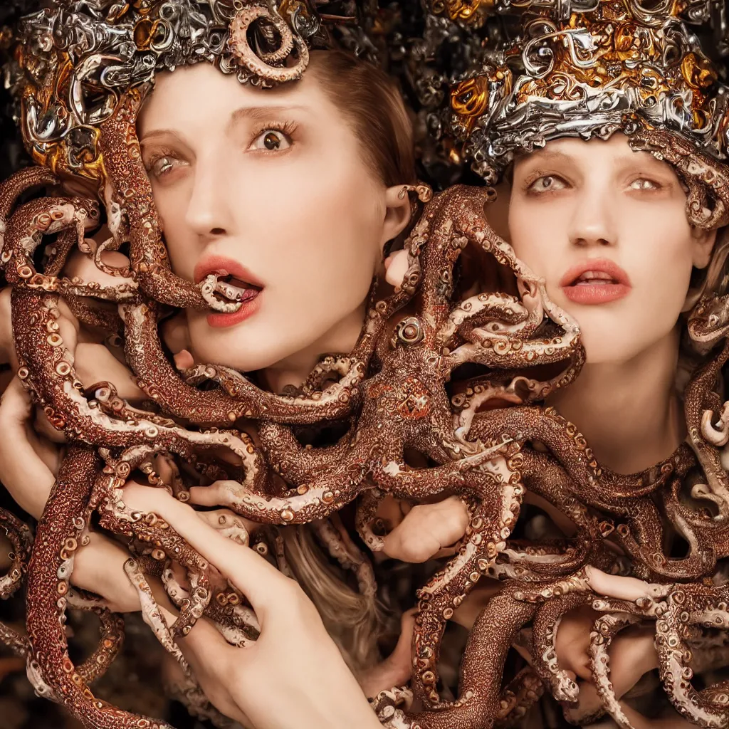 Prompt: a high-resolution color-chrome extreme closeup portrait photo of a octopus kissing a incredible elegant pale renaissance rococo Queen, with ornate jewelled, rococo Queen, sci-fi, high-tech, beautiful low light, style Steve McCurry Octane render 8k