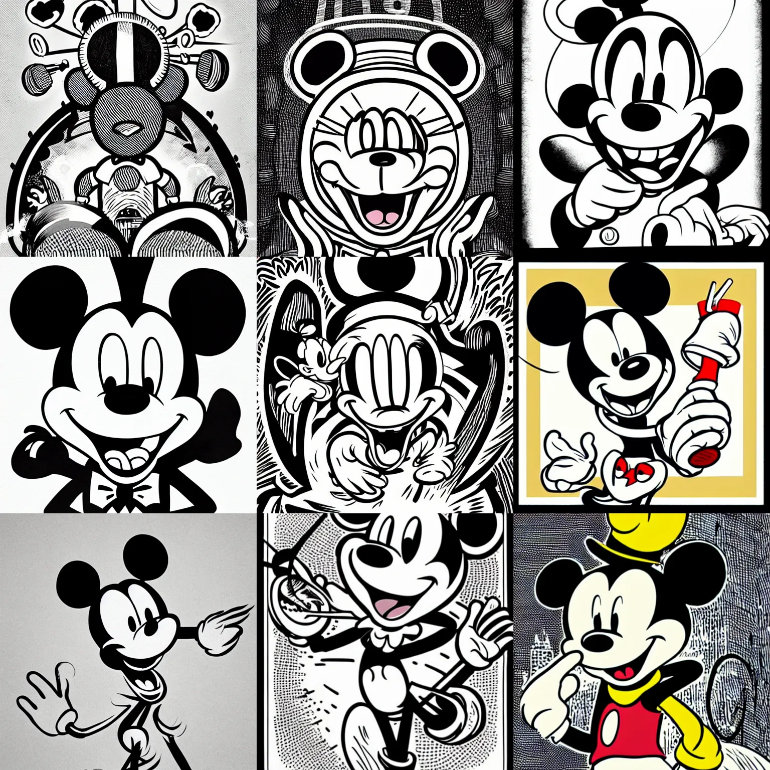 Prompt: mcbess illustration of mickey mouse with a long nose and big teeth, art by mcbess and cuphead and alex pardee