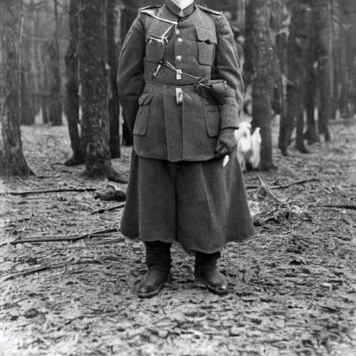 Image similar to a guinea pig wearing a Russian ww1 uniform surrounded by dead trees, grainy black and white photograph