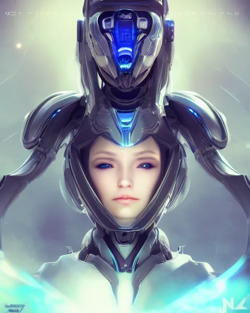 Image similar to perfect android girl on a mothership, warframe armor, beautiful face, scifi, futuristic, galaxy, nebula, raytracing, dreamy, long white hair, blue cyborg eyes, sharp focus, cinematic lighting, highly detailed, artstation, divine, by gauthier leblanc, kazuya takahashi, huifeng huang