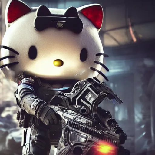 Image similar to Hello Kitty in Gears of War, splash art, movie still, detailed face, cinematic lighting, color, dramatic, octane render, long lens, shallow depth of field, bokeh, anamorphic lens flare, 8k, hyper detailed, 35mm film grain