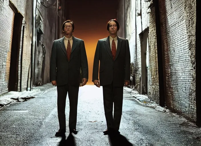 Prompt: a very high resolution image from a new movie, two deer wearing suits, in a narrow chinese alley, dark light long shadow beatiful backgrounds, dramatic lighting, directed by wes anderson