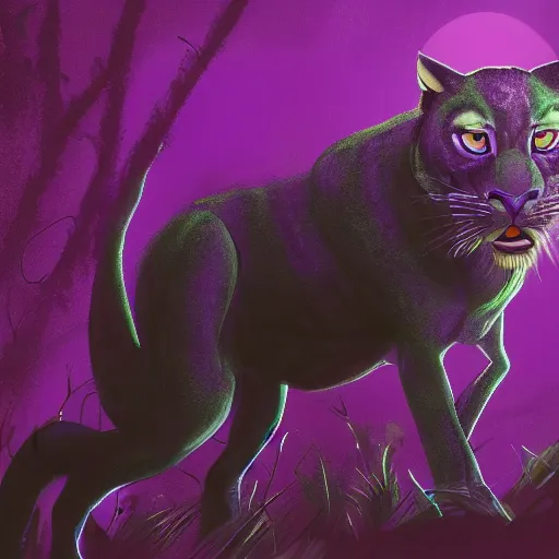 Image similar to closeup of a purple panther roaring at the moon in the forest. night. large moon in the center. cinematic. concept art.