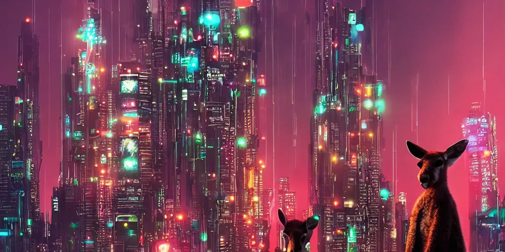 Prompt: a kangaroo wearing a beaded necklace, cyberpunk settings, cityscape, style of artgerm, at night