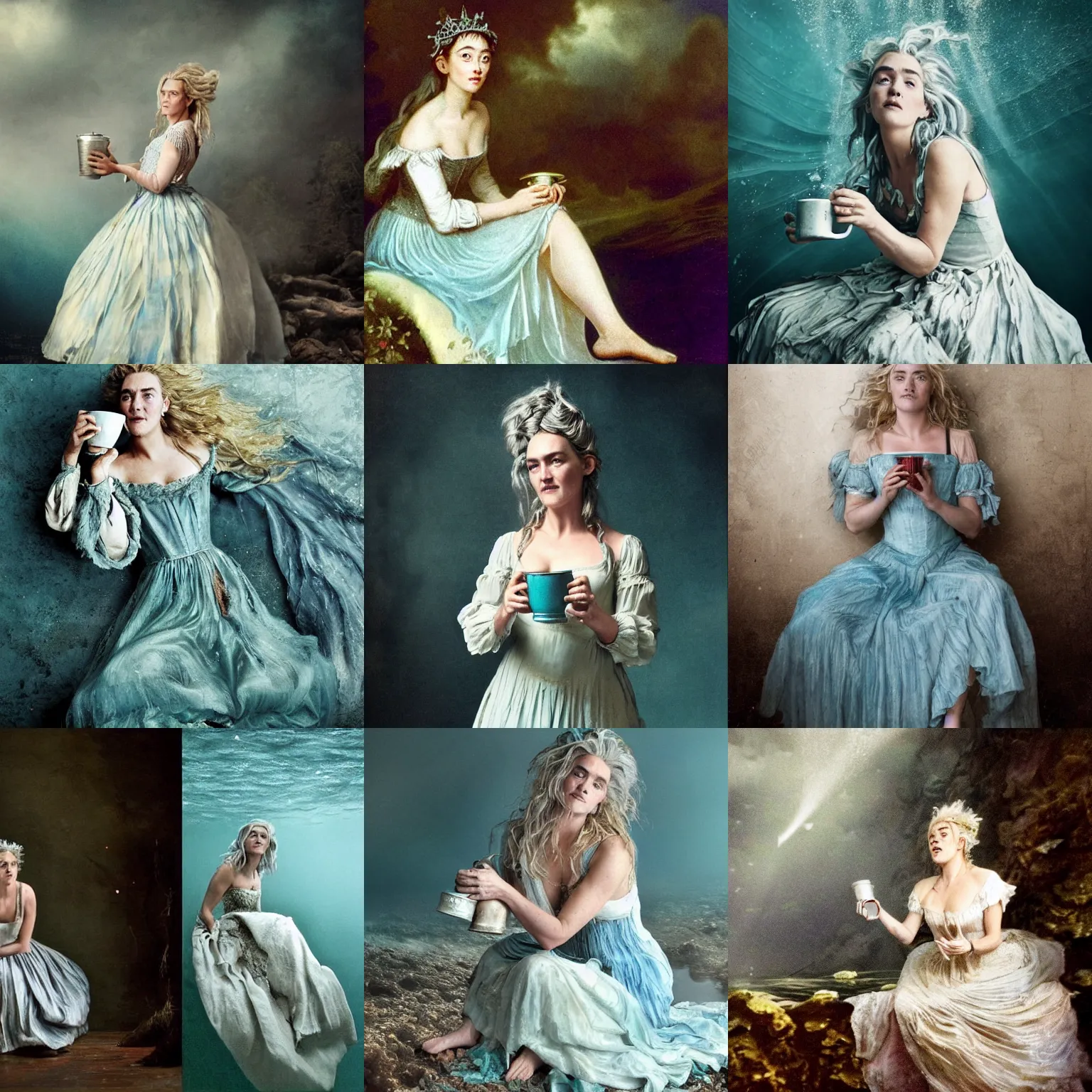 Image similar to A 18th century, messy, silver haired, (((mad))) elf princess (Kate Winslet), dressed in a ((ragged)), wedding dress, is ((drinking a cup of tea)). Everything is underwater and floating. Greenish blue tones, theatrical, (((underwater lights))), high contrasts, fantasyconcept art, inspired by John Everett Millais's Ophelia