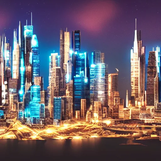 Prompt: the cityscape 4 0 0 0 years from now, with blue lighing and panels, ultra realistic, 4 k, taken with an iphone x