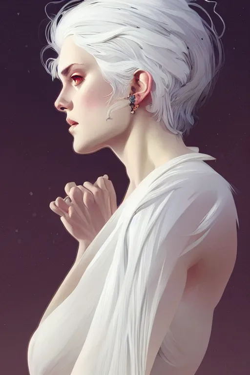 Image similar to a very beautiful white haired woman, fantasy, portrait, sharp focus, intricate, elegant, digital painting, artstation, matte, highly detailed, concept art, illustration, ambient lighting, art by ilya kuvshinov, artgerm, alphonse mucha, and greg rutkowski