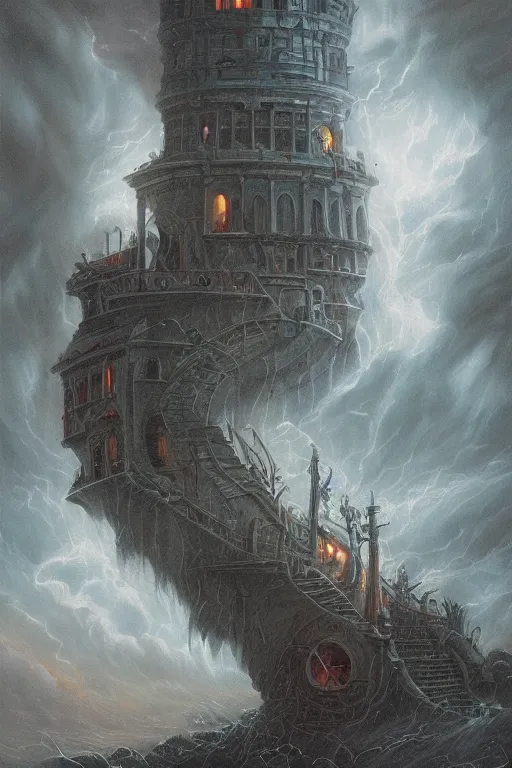 Prompt: Detailed Exterior Shot of Stormy Nightmare!!! Horror!!! Film Evil Stormy!!! Lighthouse of Alexandria, light of hell, moonlight shafts, flock of birds, moody!!! grim!!! atmosphere, in Style of Peter Mohrbacher, cinematic lighting