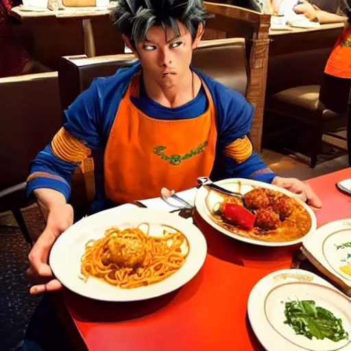 Prompt: goku sitting at a table at olive garden while he eats a plate of spaghetti and meatballs