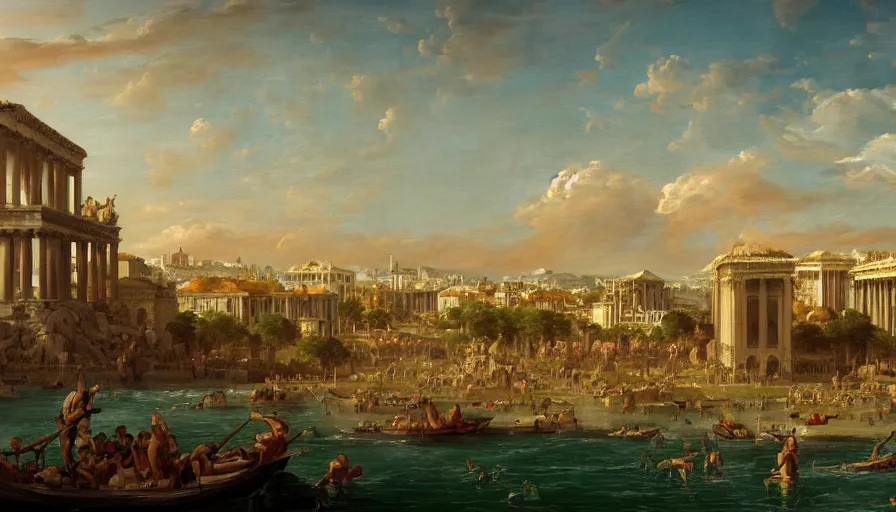 Prompt: baroque painting of athens with humongous glass buildings, parks and lake, view from the sea at day, hyperdetailed, artstation, cgsociety, 8 k