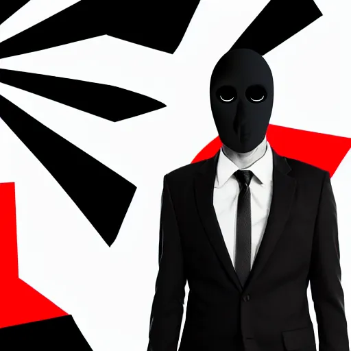 Prompt: abstract black and grey scale, full black suit man with no face and shadows with red eye and darkness and power