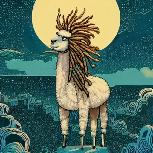 Image similar to llama with dreadlocks, heroic pose, by Victo Ngai | Graphic Novel, Visual Novel, Colored Pencil, Comic Book:.3 | unreal engine:.5 | establishing shot