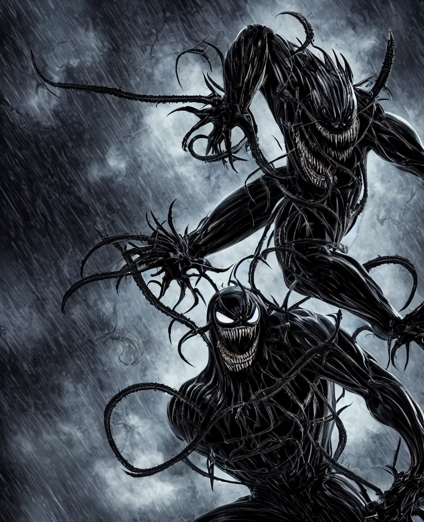 Image similar to A Minion from Despicable Me cast as Venom, still from marvel movie, hyperrealistic, 8k, Octane Render, dark colors, sinister atmosphere, dramatic lighting, cinematic, establishing shot, extremely high detail, photo realistic, cinematic lighting, pen and ink, intricate line drawings, by Yoshitaka Amano, Ruan Jia, Kentaro Miura, Artgerm, post processed, concept art, artstation, matte painting, style by eddie mendoza, raphael lacoste, alex ross