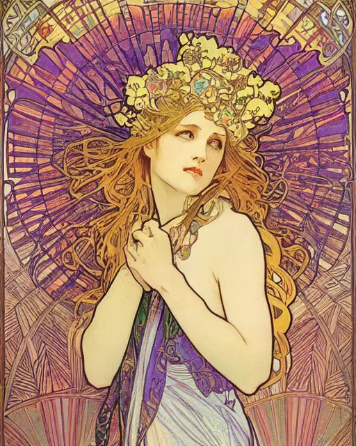 Prompt: kaleidoscopic vision by Alphonse Mucha, Moebius, hiroshi yoshida, Art Nouveau, colorful, ultradetailed, vivid colour