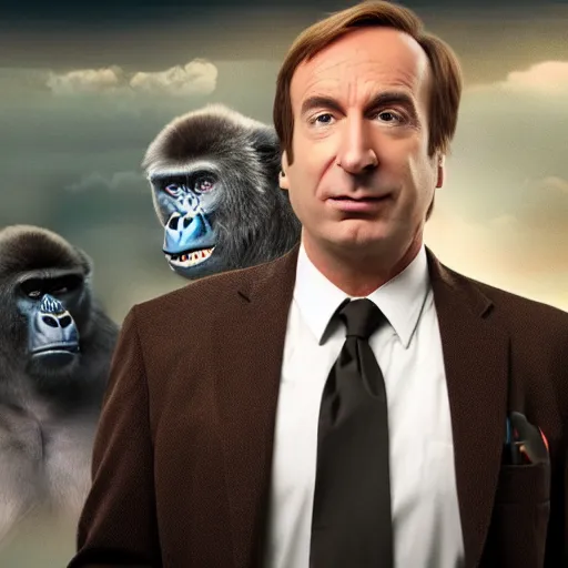 Image similar to A photo of Saul Goodman giving a gorilla legal advice, cinematic lighting