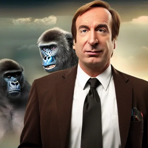 Prompt: A photo of Saul Goodman giving a gorilla legal advice, cinematic lighting