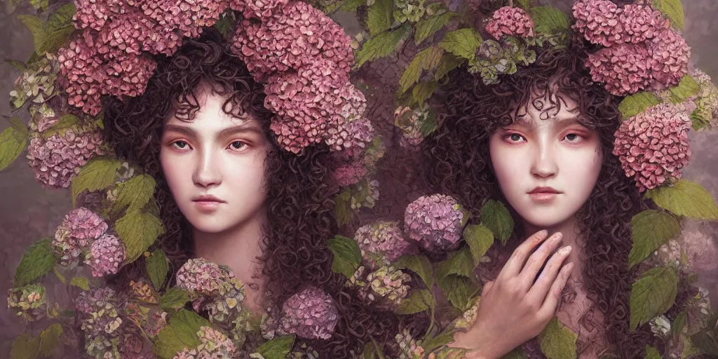 Prompt: breathtaking detailed concept art painting portrait of the goddess of hydrangea flowers, carroty curly hair, orthodox saint, with anxious piercing eyes, ornate background, amalgamation of leaves and flowers, by hsiao - ron cheng, extremely moody lighting, 8 k