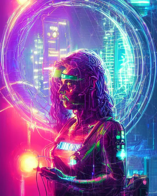 Image similar to a cyberpunk close up portrait of cyborg medusa, electricity, rainbow, snakes in hair, sparks, bokeh, soft focus, sparkling, glisten, water drops, cold, dark, geometric, temples behind her, by paul lehr, jesper ejsing