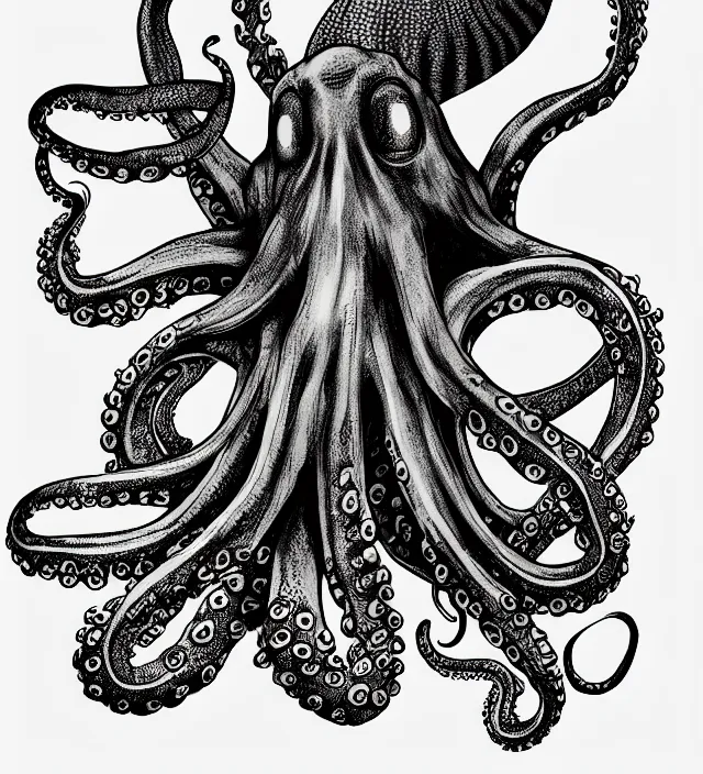 Prompt: a wise octopus, concept art, digital art, deviantart artstation, tattoo, black and white,