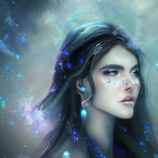 Prompt: masterpiece portrait of an aesthetic beautiful mage woman, ice spell, 3 0 years woman, soft thin face in the light, light eyes, black dynamic hair, wearing silver diadem with blue gems inlays, silver necklace, digital painting by wlop, atmospheric effects, chaotic blue sparks dynamics background, intricate, artstation, fantasy