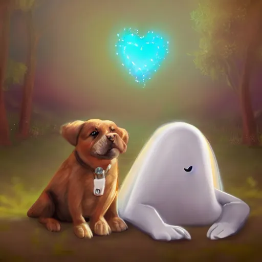 Image similar to a dog and a ghost who are friends, digital art, hearts in the background, unreal engine