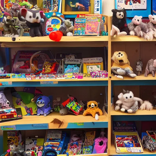Image similar to some possum toys on the shelf of a toy shop