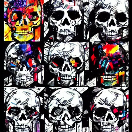 Image similar to Derek Gores drawing of Psychedelic Skulls, medieval town, skulls, drawn by Derek Gores, trending on artstation