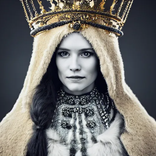 Image similar to portrait photograph of a very beautiful nordic queen with ornate cloak, highly detailed, award-winning photo, bokeh, graflex camera, super resolution