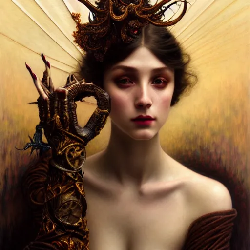 Prompt: portrait of a unique non-conventional young beauty, surreal, fantasy, intricate, elegant, dramatic lighting, emotionally evoking symbolic metaphor, highly detailed, lifelike, photorealistic, digital painting, artstation, concept art, smooth, sharp focus, illustration, art by John Collier and Krenz Cushart and Artem Demura and Alphonse Mucha and Albert Aublet