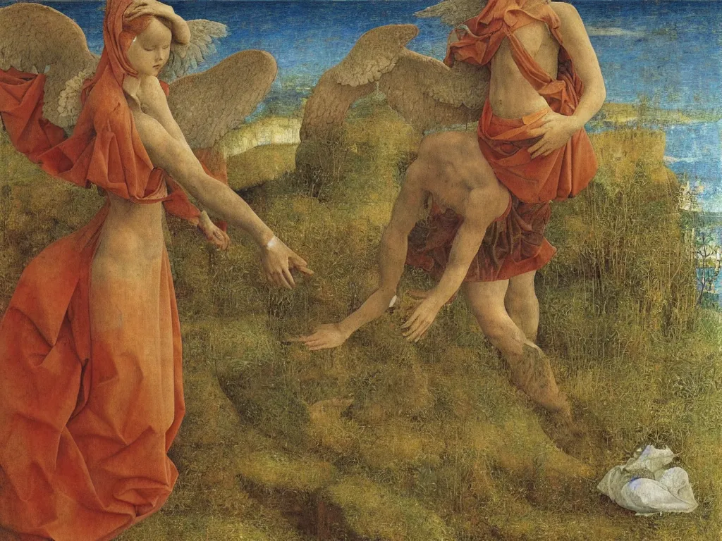 Prompt: Terrifying angel separating the waters in two. Coral-like pebbles, autumn light. Painting by Jan van Eyck, Fra Filippo Lippi, Rene Magritte, Jean Delville, Max Ernst