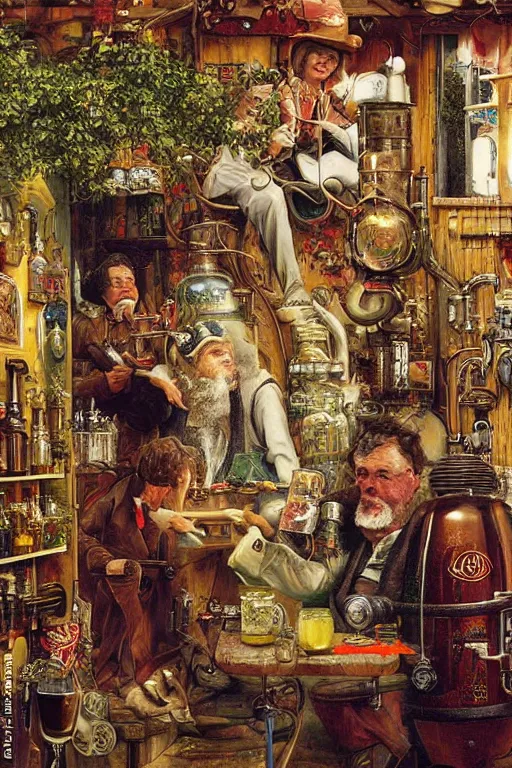 Prompt: an airbrush painting of an elaborate hidden object scene in a beer brewer's shed by destiny womack, gregoire boonzaier, harrison fisher, richard dadd