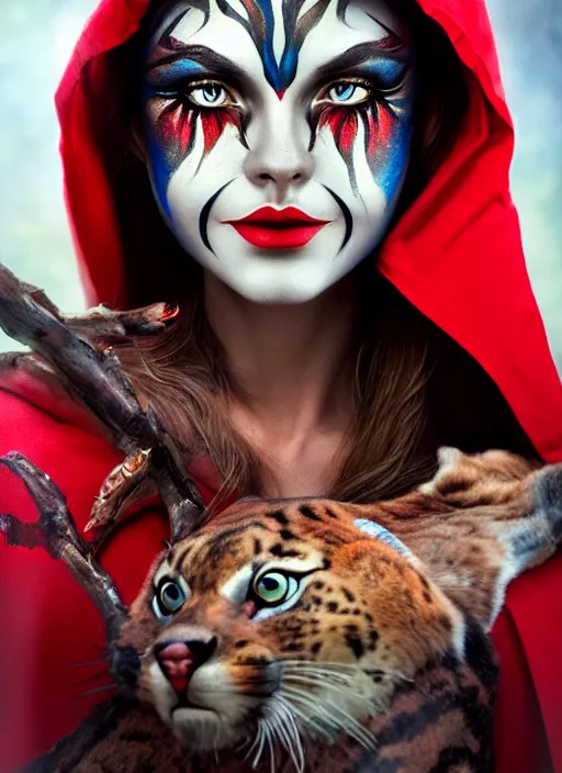 Prompt: photo of a gorgeous Beautiful face Portrait of Little Red Riding Hood with a lightning panther, face painting, woman in the style of stefan kostic, wild, realistic, sharp focus, 8k high definition, insanely detailed, intricate, elegant, art by stanley lau and artgerm
