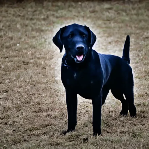 Prompt: vicious black labrador showing teeth at camera, photorealistic