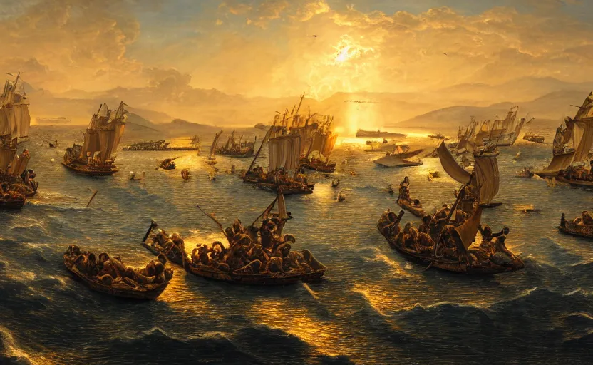 Image similar to the battle of salamis, photography, golden hour, extremely detailed, 4 k