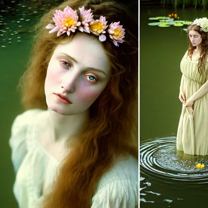 Prompt: Kodak Portra 400, 8K, soft light, volumetric lighting, highly detailed, britt marling style 3/4 ,portrait photo of a beautiful woman how pre-Raphaelites painter, the face emerges from the water of a pond with water lilies, julie dillon, a beautiful lace dress and hair are intricate with highly detailed realistic beautiful flowers , Realistic, Refined, Highly Detailed, natural outdoor soft pastel lighting colors scheme, outdoor fine art photography, Hyper realistic, photo realistic