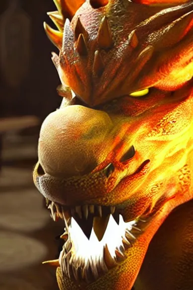 Image similar to very very intricate photorealistic photo of bowser in an episode of game of thrones, photo is in focus with detailed atmospheric lighting, award - winning details