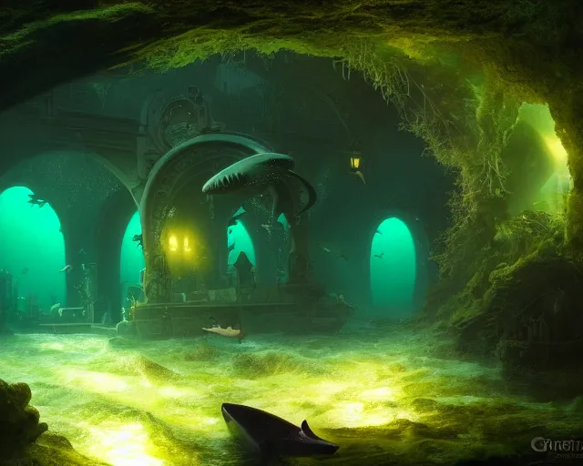 Prompt: 5 5 mm photo of a large translucent backlit green grave with a shark swimming inside. magical atmosphere. art by greg rutkowski. highly detailed 8 k. intricate. lifelike. soft light. nikon d 8 5 0.