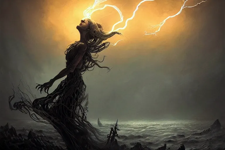 Image similar to Beautiful Eldritch Goddess of Lightning Attacking a Riverside Town, digital art, fantasy, magic, trending on artstation, illustration by Seb McKinnon and Peter Mohrbacher, ultra detailed, atmospheric, powerful presence, bossfight, darksouls, grand finale, explosive entrance, final battle, cutscene, cinematic lighting, unleashing the power of the flame, burning pulse, close-up