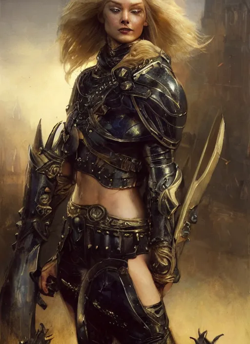 Image similar to blonde muscular woman wearing medieval black armour, detailed by gaston bussiere, bayard wu, greg rutkowski, giger, maxim verehin, greg rutkowski, masterpiece, sharp focus, cinematic lightning