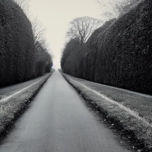 Image similar to Beautiful cameraphone, soft liminal Photograph of an estate road at early morning, hedge