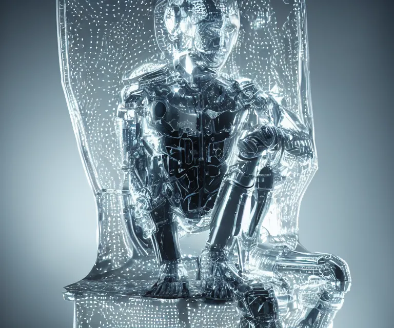 Image similar to semi - transparent glowing cyborg sitting on a metal throne, fantasy sci - fi, majestic lighting, metallic, 2 0 0 mm focus, bokeh