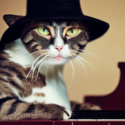 Image similar to a cat wearing straw hat playing piano