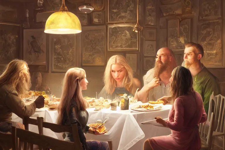 Image similar to portait of a pig and a mallard and a blonde woman with long hair having dinner at sunday in brooklyn restaurant, anatomy, bathed in light, highly detailed, photorealistic, artstation, smooth, sharp focus, illustration, unreal engine 5, 8 k, art by artgerm and greg rutkowski and edgar maxence